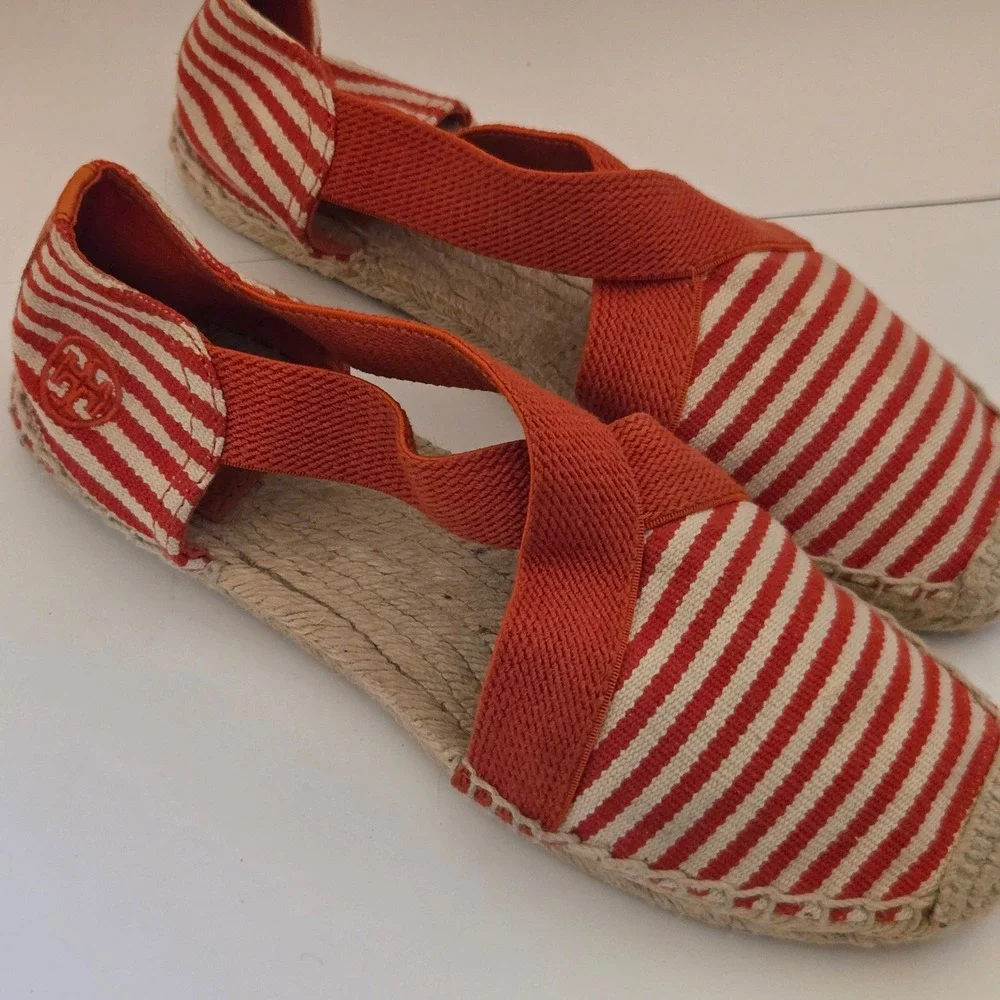 Tory Burch Striped Canvas Espadrille Flats Red White Elastic Straps Womens 7M